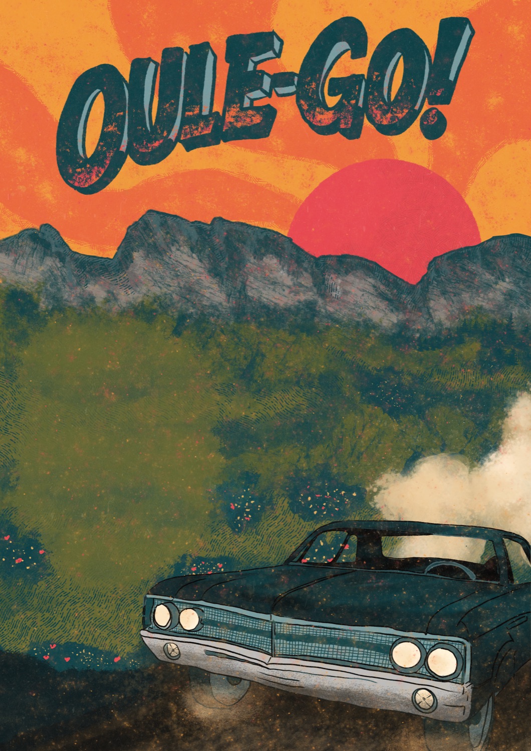 Coche vintage ao solpor — ilustración do festival OULE-GO!